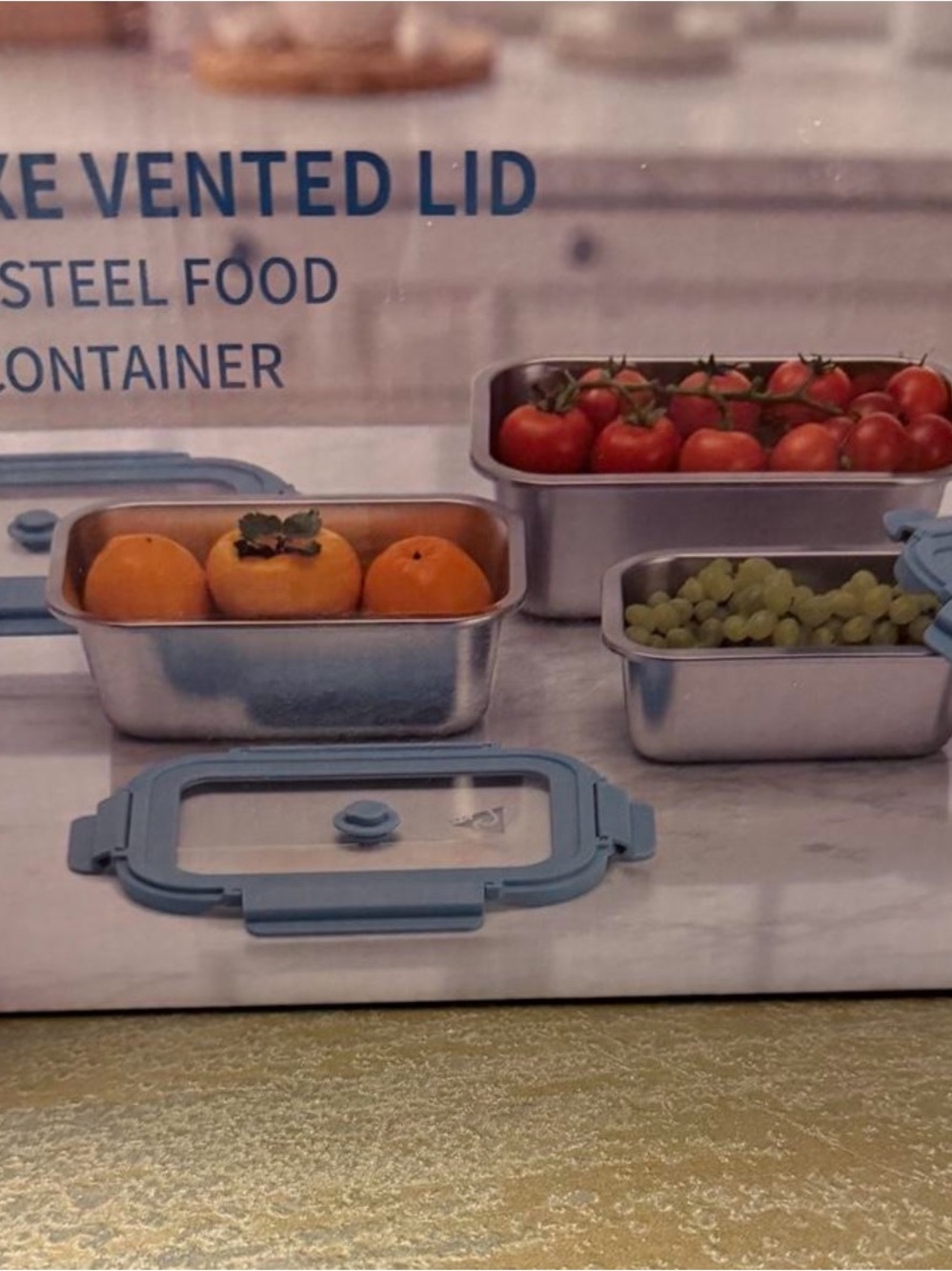 Luxe Stainless Steel Food Containers with Light Blue Vented Lids